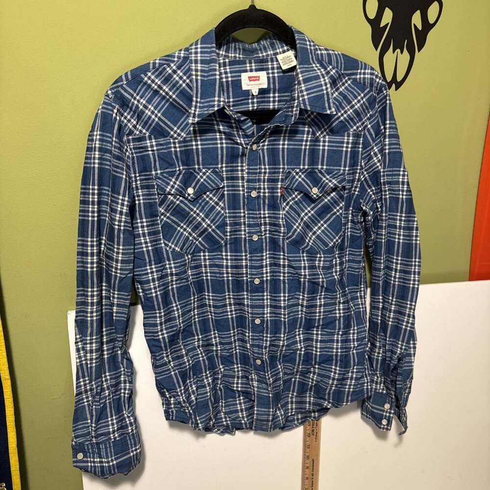 LEVIS PEAR SNAP VINTAGE BLUE PLAID SHIRT SMALL